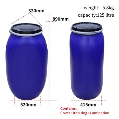 tamburo senza coperchio dell'HDPE di plastica chimico 125L con l'anello del cerchio del ferro 80 gradi