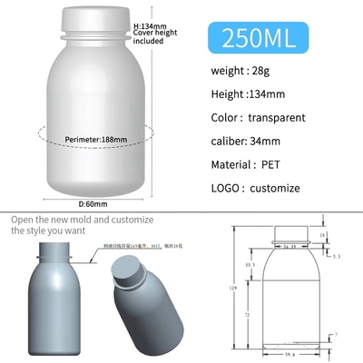 Bottiglie di plastica 250ml 28g del chiaro ANIMALE DOMESTICO di plastica dei prodotti 34mm della famiglia